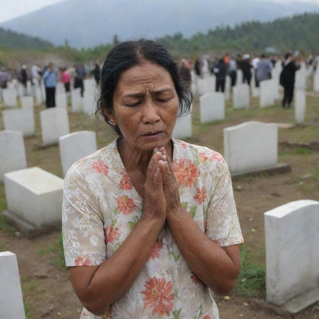 The cemetery is filled with the sounds of shared sorrow as all the villagers cry, mourning their loss. The scene captures the raw emotion of the community, overwhelmed with grief after the tsunami disaster