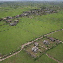 Three years later, the once-destroyed village near the sea thrives again. New, sturdy houses stand where ruins once were, and the fields are green once more, showcasing the resilient spirit of the villagers