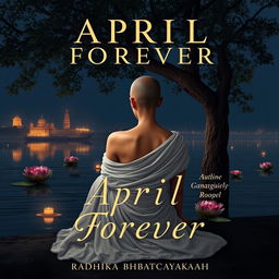 A book cover design featuring a slim woman seated with her back towards the viewer, her head tonsured and face obscured