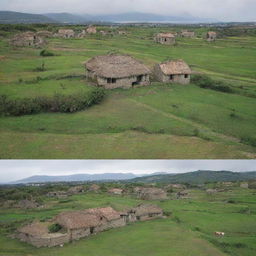 Three years later, the once-destroyed village near the sea thrives again. New, sturdy houses stand where ruins once were, and the fields are green once more, showcasing the resilient spirit of the villagers