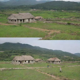 Three years later, the once-destroyed village near the sea thrives again. New, sturdy houses stand where ruins once were, and the fields are green once more, showcasing the resilient spirit of the villagers