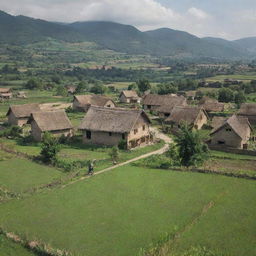 A beautifully rebuilt village, resplendent with well-constructed houses, lush fields, and thriving community, replacing the past scene of devastation. It's an embodiment of resilience and hope