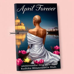 A captivating book cover design featuring a slim woman with a tonsured head, sitting gracefully with her back facing the viewer