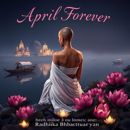 A captivating book cover design featuring a slim woman with a tonsured head, sitting gracefully with her back facing the viewer