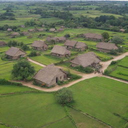 A beautifully rebuilt village, resplendent with well-constructed houses, lush fields, and thriving community, replacing the past scene of devastation. It's an embodiment of resilience and hope