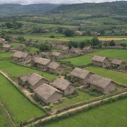 A beautifully rebuilt village, resplendent with well-constructed houses, lush fields, and thriving community, replacing the past scene of devastation. It's an embodiment of resilience and hope