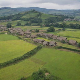 A beautifully rebuilt village, resplendent with well-constructed houses, lush fields, and thriving community, replacing the past scene of devastation. It's an embodiment of resilience and hope