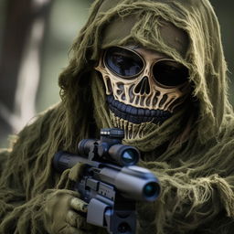 A hidden sniper in a Ghillie suit, his identity further obscured by a menacing skeleton face mask.