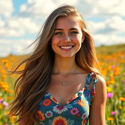 A portrait of a young woman with long, flowing hair, wearing a stylish, colorful dress
