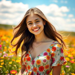 A portrait of a young woman with long, flowing hair, wearing a stylish, colorful dress
