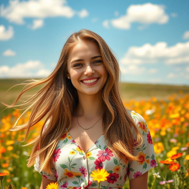 A portrait of a young woman with long, flowing hair, wearing a stylish, colorful dress