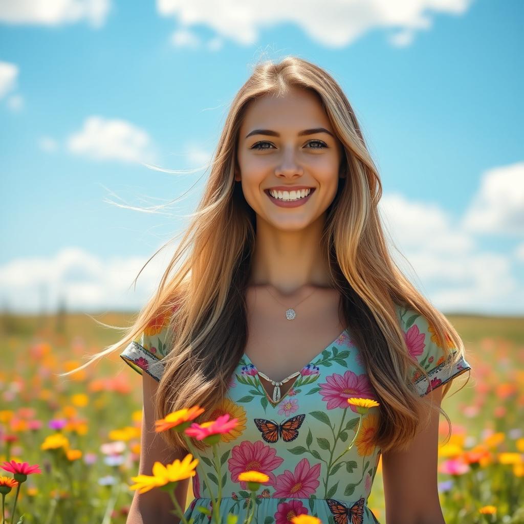 A portrait of a young woman with long, flowing hair, wearing a stylish, colorful dress