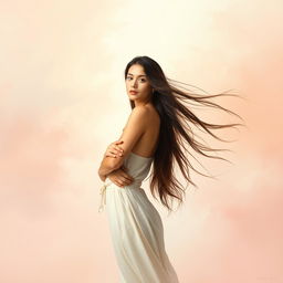 A beautiful young woman with long flowing hair standing gracefully in an artistic and abstract environment