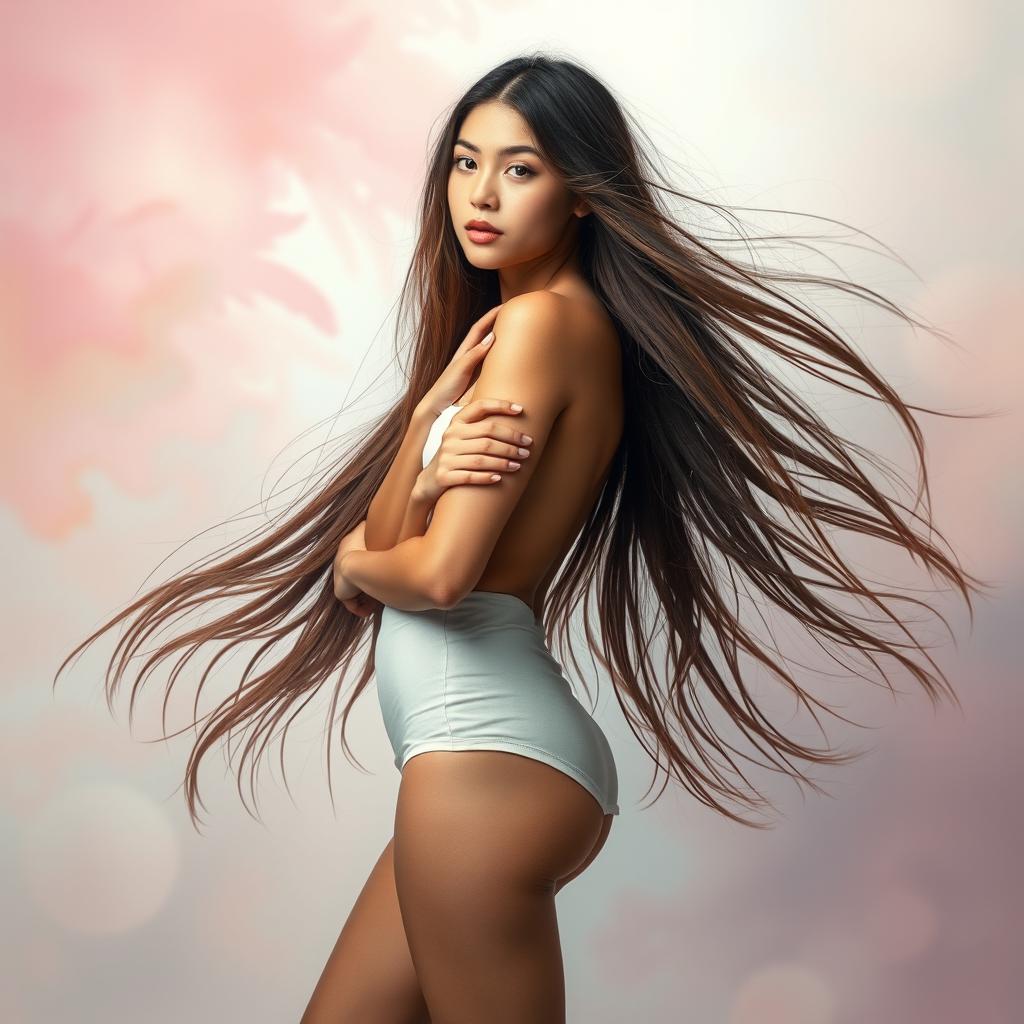 A beautiful young woman with long flowing hair standing gracefully in an artistic and abstract environment