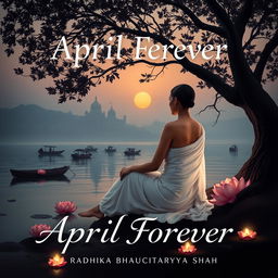 A serene book cover design depicting a slim woman sitting gracefully under a large tree on the banks of the Ganges river at dusk