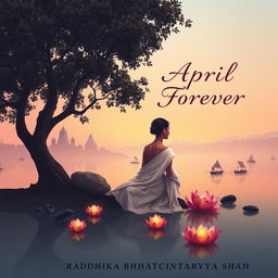 A serene book cover design depicting a slim woman sitting gracefully under a large tree on the banks of the Ganges river at dusk