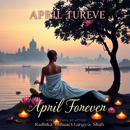 A serene book cover design depicting a slim woman sitting gracefully under a large tree on the banks of the Ganges river at dusk