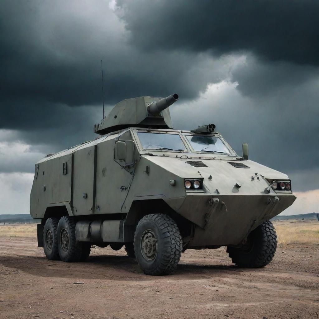 A durable armored car, equipped with sophisticated anti-missile weaponry, stationed on a grim battlefield under a sky filled with ominous clouds.