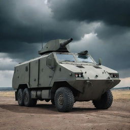 A durable armored car, equipped with sophisticated anti-missile weaponry, stationed on a grim battlefield under a sky filled with ominous clouds.