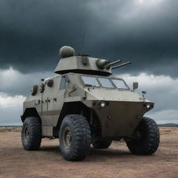 A durable armored car, equipped with sophisticated anti-missile weaponry, stationed on a grim battlefield under a sky filled with ominous clouds.