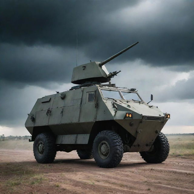 A durable armored car, equipped with sophisticated anti-missile weaponry, stationed on a grim battlefield under a sky filled with ominous clouds.