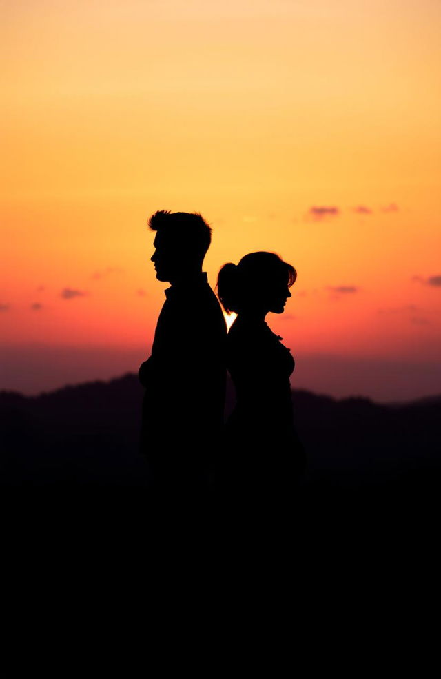 A captivating silhouette of a couple standing back to back against a vibrant sunset sky, their figures outlined by the warm colors of orange, pink and purple in the horizon