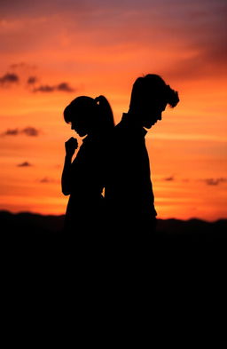 A captivating silhouette of a couple standing back to back against a vibrant sunset sky, their figures outlined by the warm colors of orange, pink and purple in the horizon