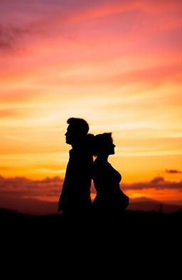 A captivating silhouette of a couple standing back to back against a vibrant sunset sky, their figures outlined by the warm colors of orange, pink and purple in the horizon