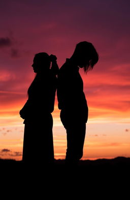 A captivating silhouette of a couple standing back to back against a vibrant sunset sky, their figures outlined by the warm colors of orange, pink and purple in the horizon