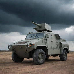 A durable armored car, equipped with sophisticated anti-missile weaponry, stationed on a grim battlefield under a sky filled with ominous clouds.