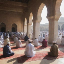 At half past noon, villagers clad in traditional attire gathered in the stunning mosque, engaging in the Dhuhr prayer. The bright sun casts a warm glow on the scene, emphasizing its serene spirituality