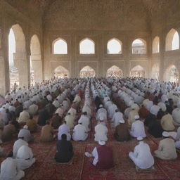 At half past noon, villagers clad in traditional attire gathered in the stunning mosque, engaging in the Dhuhr prayer. The bright sun casts a warm glow on the scene, emphasizing its serene spirituality