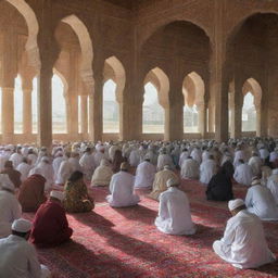 At half past noon, villagers clad in traditional attire gathered in the stunning mosque, engaging in the Dhuhr prayer. The bright sun casts a warm glow on the scene, emphasizing its serene spirituality