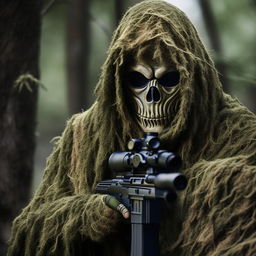 A hidden sniper in a Ghillie suit, his identity further obscured by a menacing skeleton face mask.