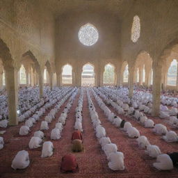 At half past noon, villagers clad in traditional attire gathered in the stunning mosque, engaging in the Dhuhr prayer. The bright sun casts a warm glow on the scene, emphasizing its serene spirituality