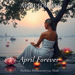 A serene book cover design depicting a slim woman sitting gracefully under a large tree by the banks of the Ganges river at dusk