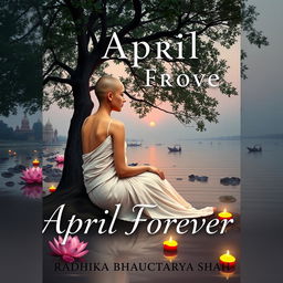 A serene book cover design depicting a slim woman sitting gracefully under a large tree by the banks of the Ganges river at dusk