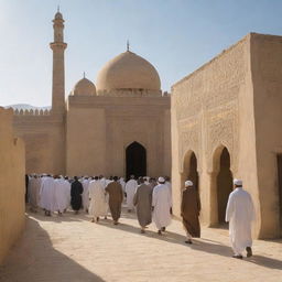 After the collective reading of the Qur'an, villagers exit the sun-drenched mosque, each heading towards their respective homes in the welcoming warmth of the thriving, rebuilt village