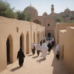 After the collective reading of the Qur'an, villagers exit the sun-drenched mosque, each heading towards their respective homes in the welcoming warmth of the thriving, rebuilt village