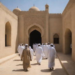 After the collective reading of the Qur'an, villagers exit the sun-drenched mosque, each heading towards their respective homes in the welcoming warmth of the thriving, rebuilt village