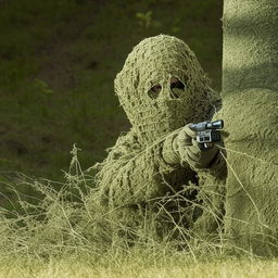 A hidden sniper in a Ghillie suit, his identity further obscured by a menacing skeleton face mask.