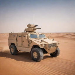 An armored Arabian military vehicle, enriched with traditional design elements, equipped with high-tech anti-missile weaponry, standing majestically amidst a vast, sandy desert.