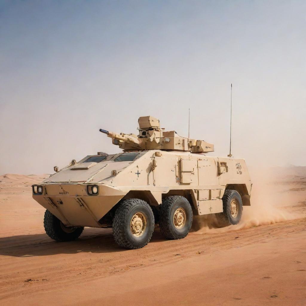 An armored Arabian military vehicle, enriched with traditional design elements, equipped with high-tech anti-missile weaponry, standing majestically amidst a vast, sandy desert.