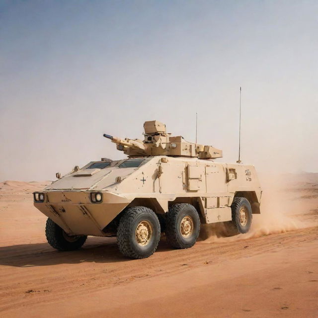 An armored Arabian military vehicle, enriched with traditional design elements, equipped with high-tech anti-missile weaponry, standing majestically amidst a vast, sandy desert.