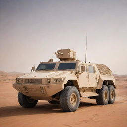 An armored Arabian military vehicle, enriched with traditional design elements, equipped with high-tech anti-missile weaponry, standing majestically amidst a vast, sandy desert.