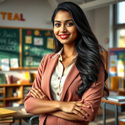 A stunning Indian female teacher in an elegant and professional outfit, standing confidently in a classroom filled with books and educational materials
