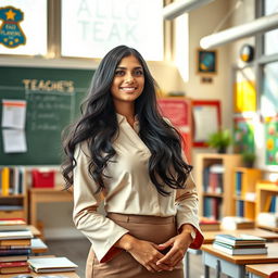 A stunning Indian female teacher in an elegant and professional outfit, standing confidently in a classroom filled with books and educational materials