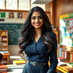 A stunning Indian female teacher in an elegant and professional outfit, standing confidently in a classroom filled with books and educational materials