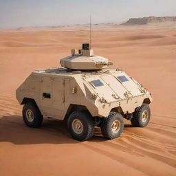 An armored Arabian military vehicle, enriched with traditional design elements, equipped with high-tech anti-missile weaponry, standing majestically amidst a vast, sandy desert.