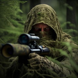 A hidden sniper in a Ghillie suit, his identity further obscured by a menacing skeleton face mask.